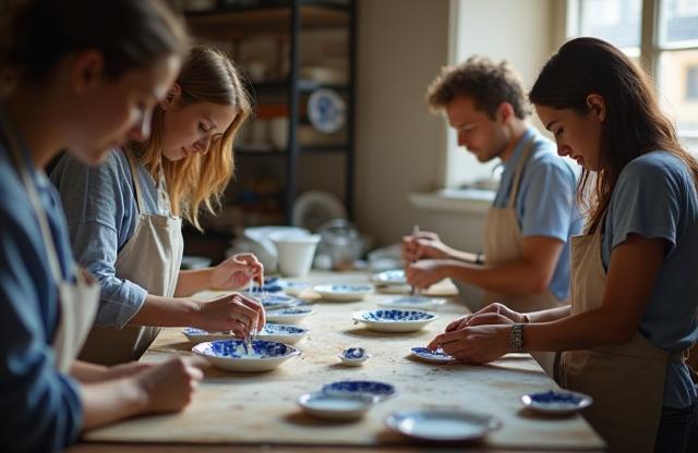 Sfeervolle foto van ambachtslieden aan het werk in de porseleinwerkplaats te Delft